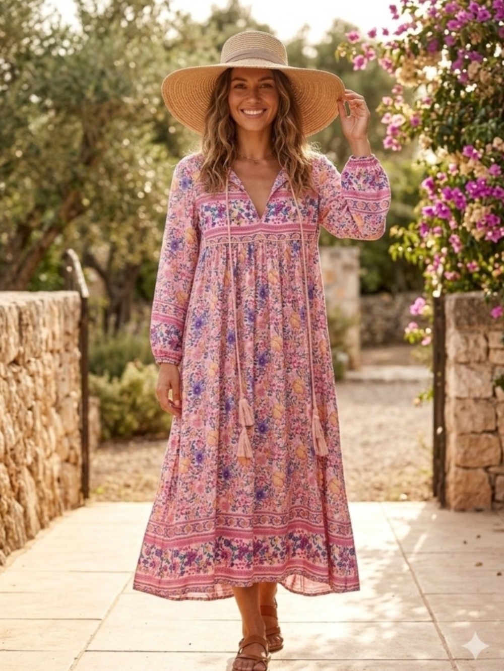 R Vivimos Pink Floral Long Sleeve V-Neck Maxi Dress. Size S